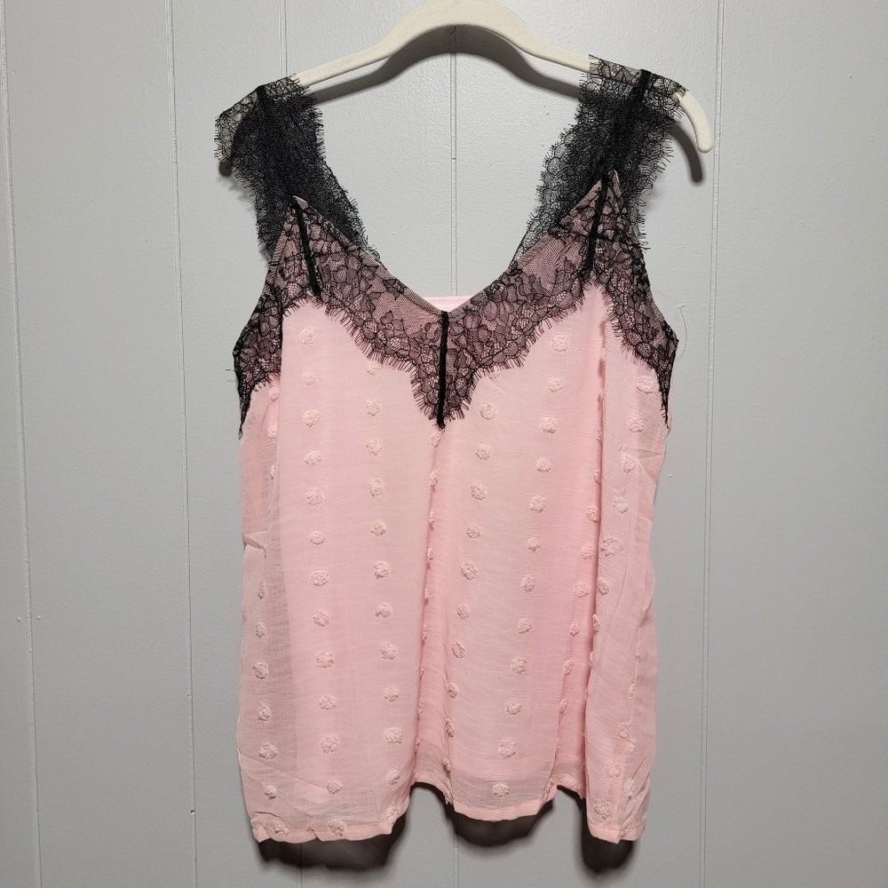 Pink Swiss Dot Lace Trim‎ Camisole Top V-Neck Eyelash Lace Sleeveless Size S
